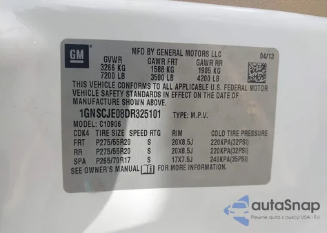 2013 Chevrolet Suburban 1500 Lt из США, поврежденный, VIN 1GNSCJE08DR325101